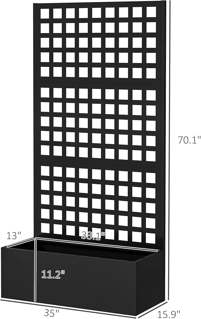 Outsunny Galvanized Raised Garden Bed with Trellis, Metal Planter Box with Drainage Holes, Outdoor Privacy Screen for Climbing Plants, Vegetable, Vines, 35" x 16" x 70", 2 Pack, Black