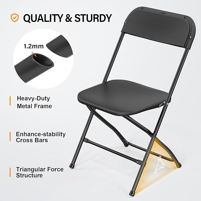VINGLI 6 Pack Black Plastic Folding Chair, Indoor Outdoor Portable Stackable Commercial Seat with Steel Frame 350lb. Capacity for Events Office Wedding Party Picnic Kitchen Dining