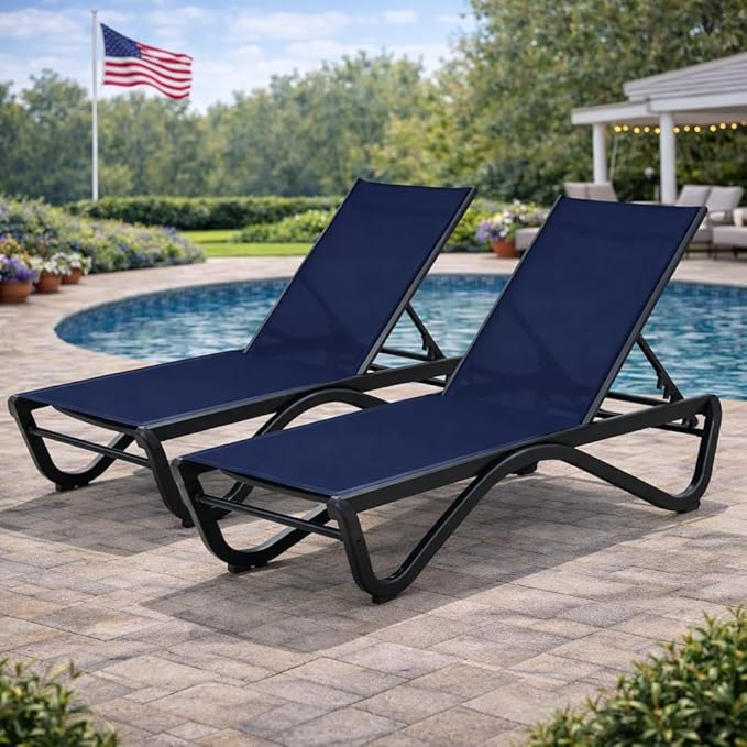Kozyard Outdoor Chaise Lounge Chair, Full Aluminum Frame, Adjustable Reclining Patio Lounger for Poolside, Sunbathing & Backyard, Textilene (NavyBlue, 2Chairs)