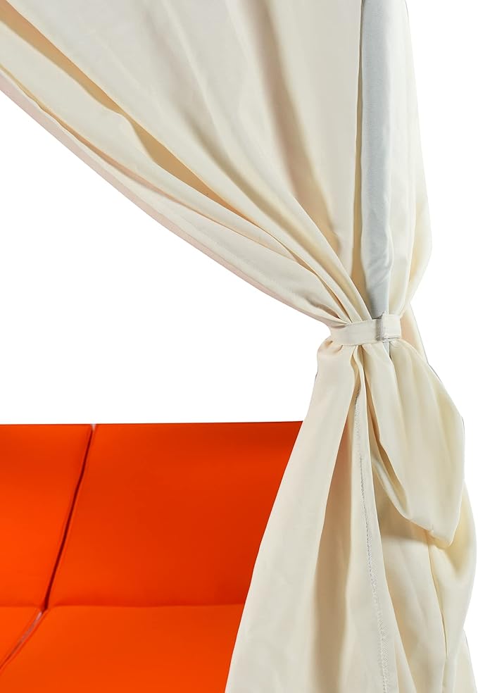 Patio Chaise Lounge, PE Rattan Outdoor Patio Wicker Sunbed Daybed with Adjustable Seats, Four-sided Canopy, Overhead Curtain and Orange Cushions for Backyard, Garden, Poolside (for 2-6 people)