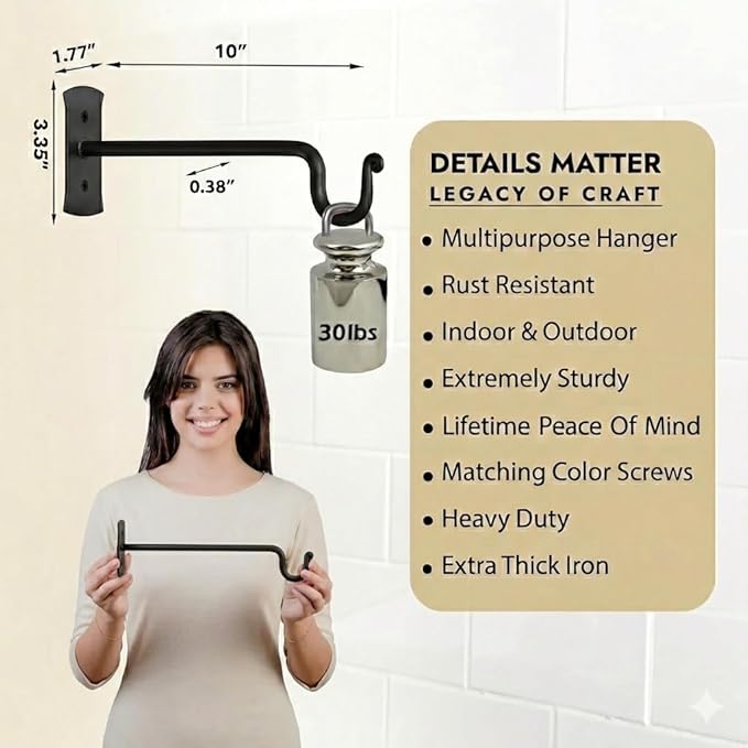 RTZEN Plant Hangers Indoor or Outdoor - Wrought Iron Metal Hanger Indoor Hook - Heavy Duty Wall Bracket Hooks for Hanging Plants Baskets Lanterns Wind Chimes - 2 Pack (Black Shepherds Hooks 10")