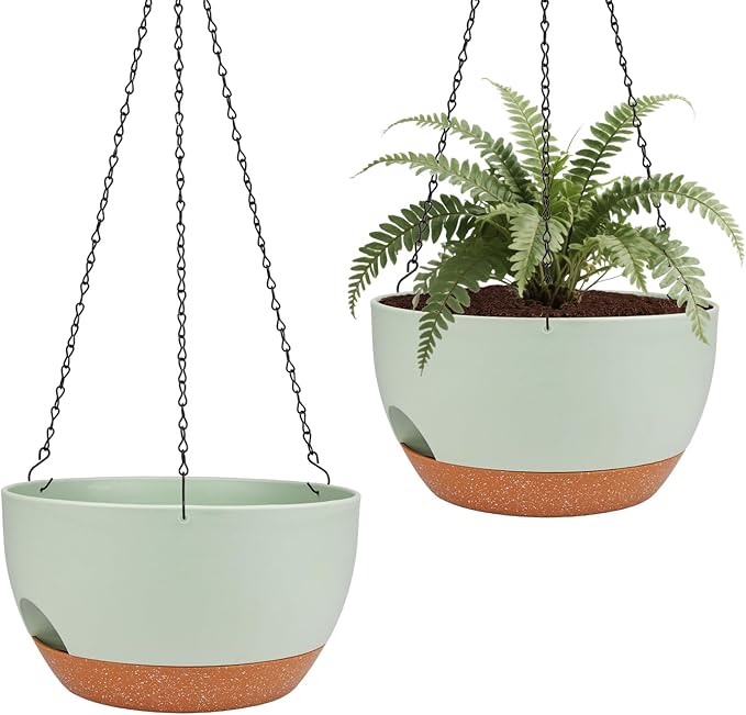Hanging Planters for Outdoor Indoor Plants, 2 Pack 10 Inch Hanging Basket Plants Outdoor, Self Watering Hanging Planter with Plant Hanger for Garden Home Decoration (Green, 10 inch)