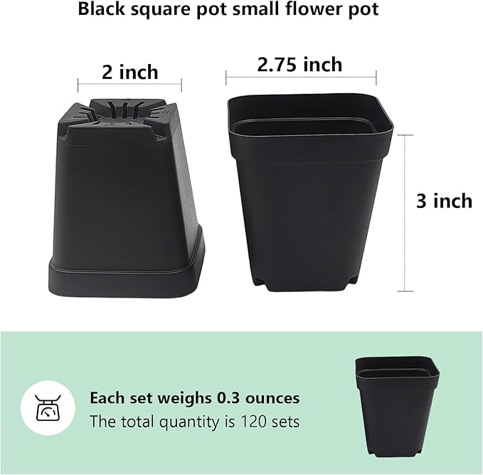Square Nursery Pots 2.7 Inch, Seed Starting Pot with Drainage Small Plastic Plant Pots Flower Planter (Black 1200pcs, 2.7" 1200P)