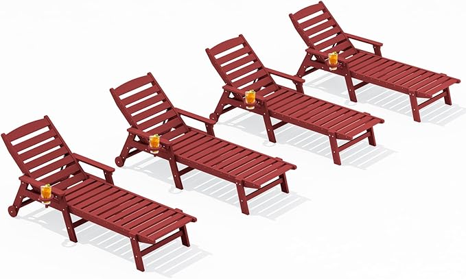 SERWALL Patio Chaise Lounge Chair Set of 4, 5 Positions Adjustable Poly Outdoor Lounger for Pool, HDPE Lounge Chair with Rolling Wheels & Cup Holder for Poolside, Deck, Dark Red