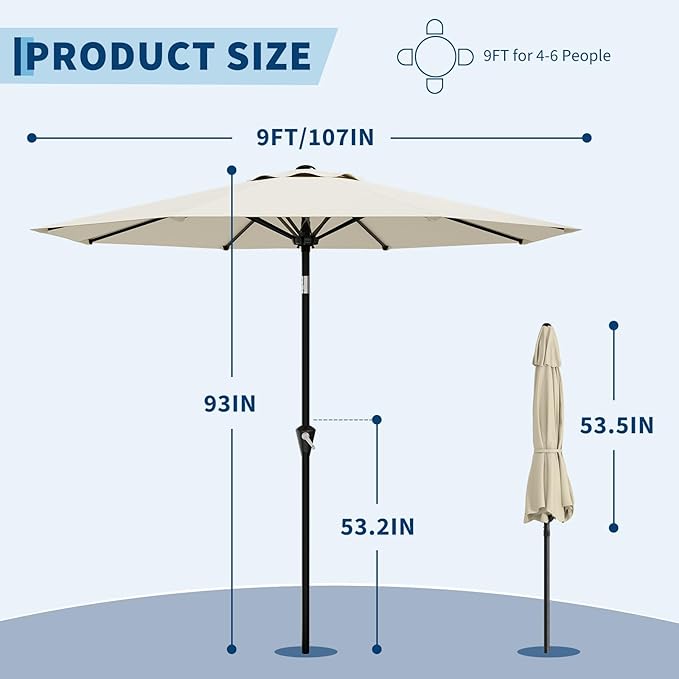 Garvee 9FT Patio Umbrella - Outdoor Table Umbrella with Smooth Crank Lift, Push Button Tilt and 8 Sturdy Ribs - Market Umbrella UV Protection Waterproof for Pool, Deck, Yard, Garden -Beige