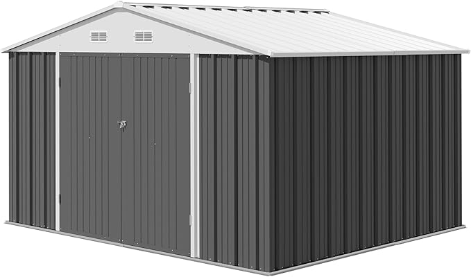 Devoko 10 x 8 FT Outdoor Storage Shed, Metal Garden Sheds & Outdoor Storage Clearance, Large Tool Shed Outdoor with Single Lockable Door for Patio Lawn Backyard (Gray)