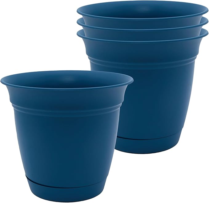 The HC Companies 6 Inch Eclipse Round Planter Pots with Drainage Holes & Attached Saucer, Lightweight UV-Resistant Plastic Indoor Outdoor Planters, 4-Pack Flower Pots for Garden & Home Decor, Peacock