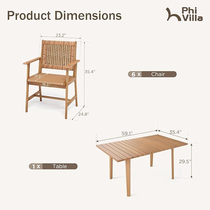 PHI VILLA 7 Pieces Acacia Wood Outdoor Dining Set for 6, Teak Large Wooden Table & Chairs with Wicker Seat and Back, Farmhouse Dining Furniture Set for Patio, Deck, Yard, Porch
