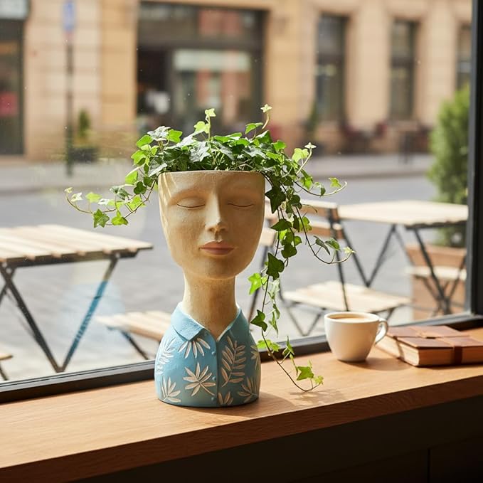 DiliComing Face Planter Pot Head Planter - Resin Blue Boy Head Planters for Indoor Outdoor Plants Decorative Flower Pot for Garden Home Office Bust Sculpture Plant Stand 5x6x10.5 Inch