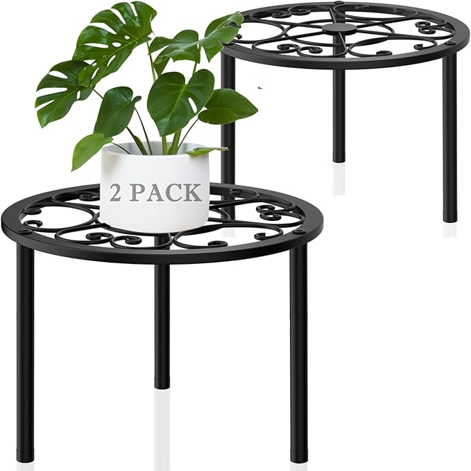 TOSKING 2-Pack Heavy Duty Metal Plant Stands - 10-inch Decorative Round Plant Stand, Adjustable Leveling Feet & Rust-Resistant Finish for Indoor/Outdoor Use