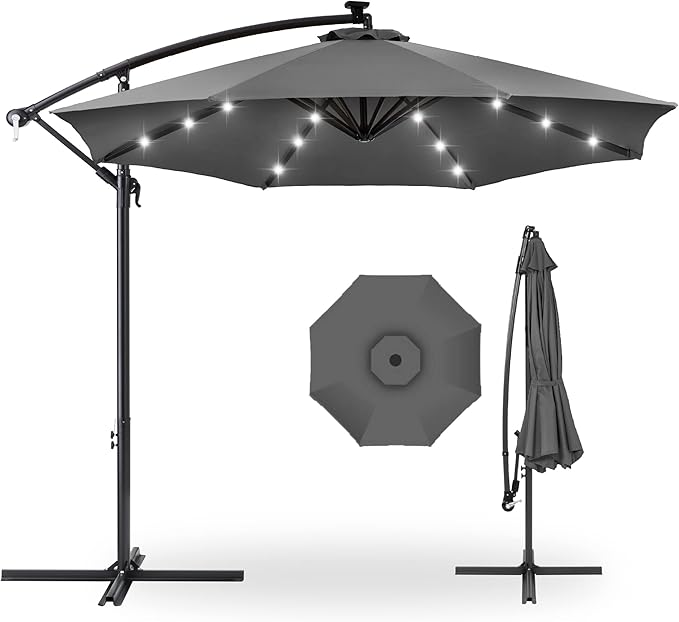 Best Choice Products 10ft Solar LED Offset Cantilever Hanging Market Patio Umbrella, 8 Sturdy Ribs, Easy Adjustment - Gray