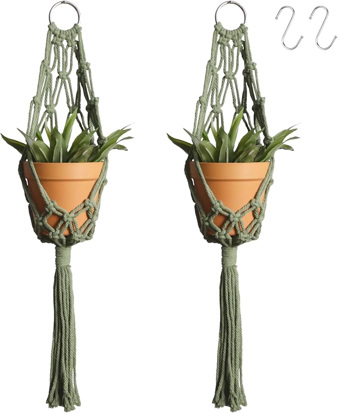 Artilady Macrame Hanging Planter for Indoor Plants, Boho Woven Plant Hanger Large Hanging Flower Pot Holders Outdoor Baskets Storage Green Wall Decor (Olive Green-2pcs)