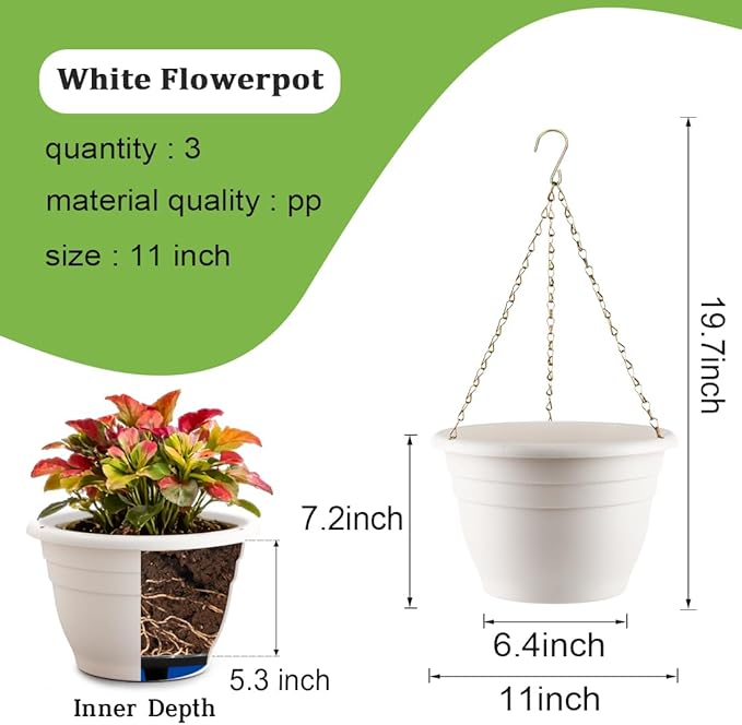 Hanging Planters 11 Inch, 3 Pcs Flower Pots with Drainage Hole, Self Watering Hanging Basket for Indoor Outdoor Plants, Decor, White