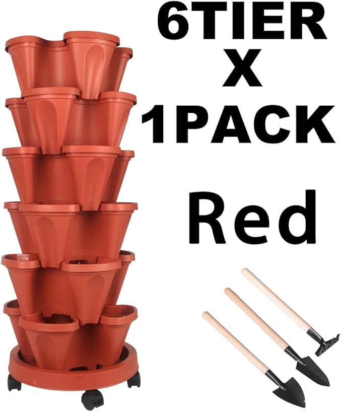 GameXcel Vertical Planter 6 Tier Stackable Planters Garden Planters Strawberry Herb Flower and Vegetable Planter Indoor Outdoor Gardening Pots with Removable Wheels and Tools