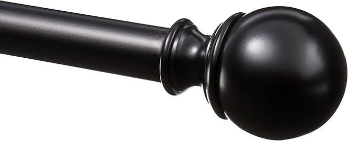 Amazon Basics Sturdy Adjustable Curtain Rod for Windows with Round Finials, 1-Inch, 72" to 144", Black, 1-Pack