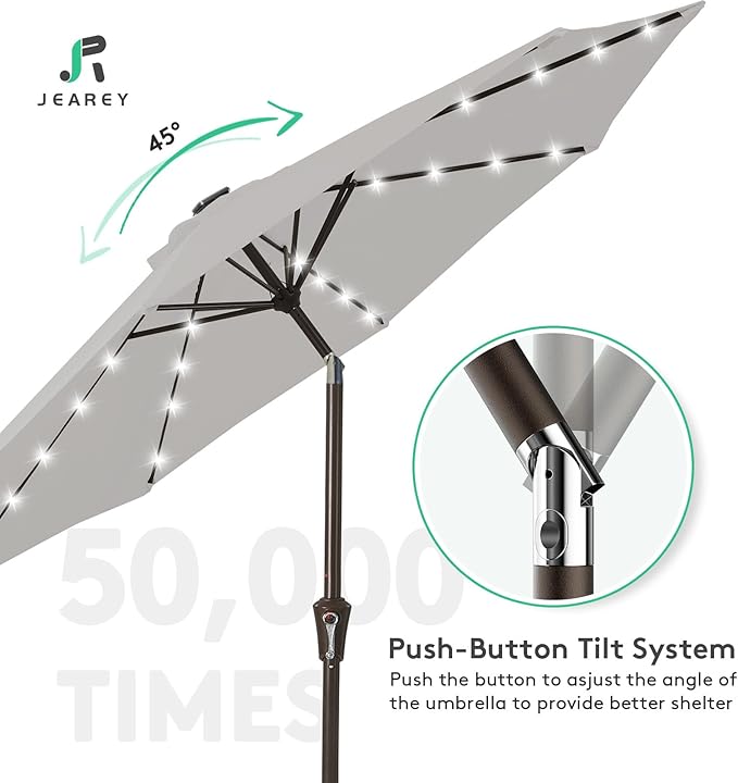 JEAREY 9FT Outdoor Patio Umbrella with Solar Lights, LED Lighted Pool Umbrella with Tilt and Crank, Outdoor Table Umbrellas for Deck, Yard & Market (Light Grey)