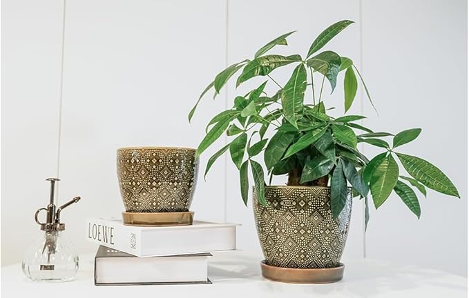 Docrin Dark Green Ceramic Planter Set - 6.6"+5.5" Indoor Outdoor Pots with Drainage Holes & Saucers for Home Office Decor