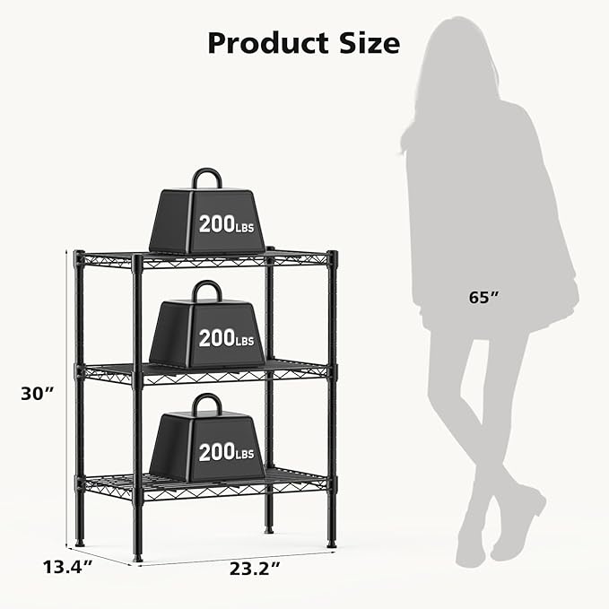 DUMOS 3-Tier Metal Wire Storage Shelves, Adjustable Standing Storage Rack Shelf, Heavy Duty Steel Shelving Unit Organizers for Kitchen Bathroom Pantry Garage, 23.3" W×13.4" D×30" H, Black