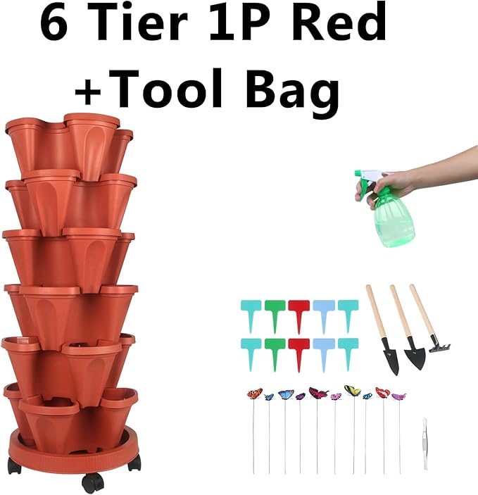 GameXcel Vertical Planter, 6 Tier Stackable Strawberry Planter with Garden Tool Set, Movable Indoor/Outdoor Garden Herb Pot for Growing Vegetables and Succulents, Red