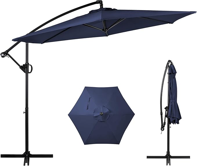 Shintenchi Patio Offset Umbrella with Easy Tilt Adjustment,Crank and Cross Base, Outdoor Cantilever Hanging Umbrella, Sunshade Free Standing Canopy, Navy Blue