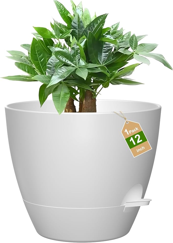 12 Inch Large Self Watering Pots, Flower Pots with Multi-Mesh Drainage Holes and Saucer, Planters for Indoor and Outdoor Garden Plants (White)