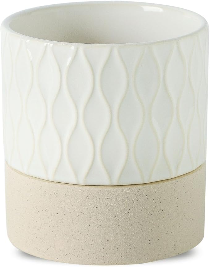 Nihow Self Watering Plant Pot: 4.5 Inch Ceramic Planter with Drainage Hole & Water Storage Plus for Indoor & Outdoor Plants - Cylinder Flower Pot for Herbs/Violets - Cream White & Brown Net