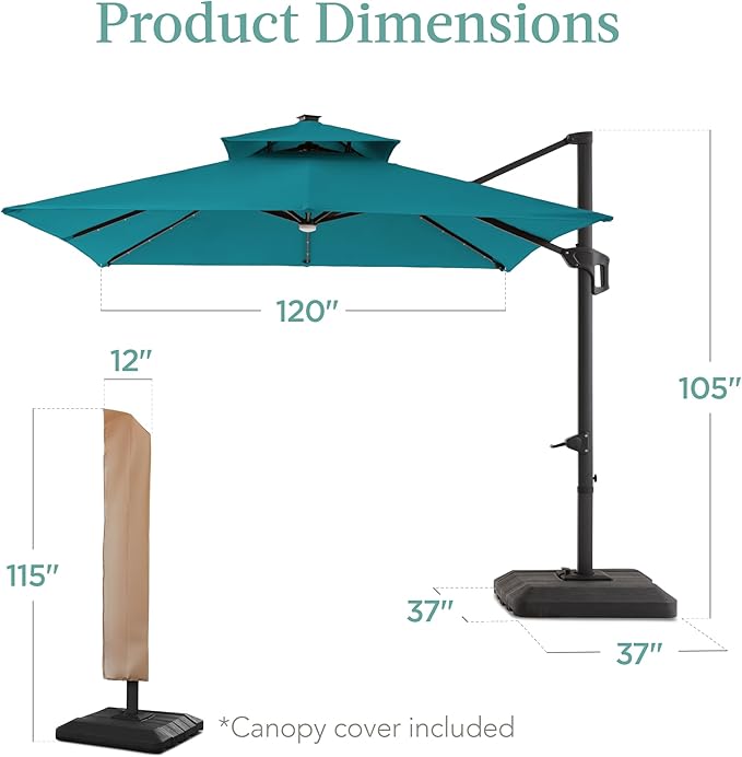 Best Choice Products 10x10ft Cantilever Patio Umbrella w/Base Included, Solar LED Lights 360 Rotation Large Offset Hanging Outdoor Shade for Deck Pool Backyard w/Stand – Cerulean