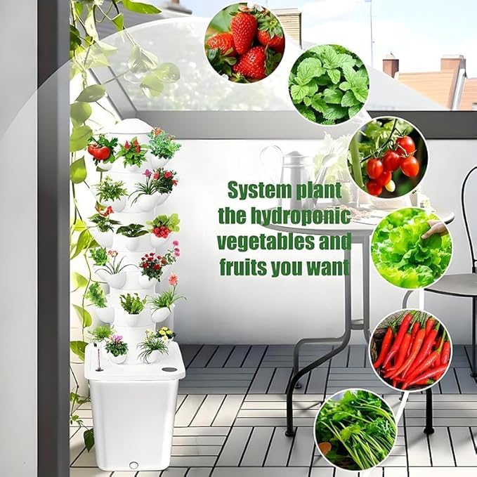 Vertical Hydroponic Tower Garden Growing System - Indoor Planter Kit with 30 Pods, Aeroponic-Style Tower for Herbs, Vegetables, Lettuce & Strawberries, Home Countertop Grow System, White