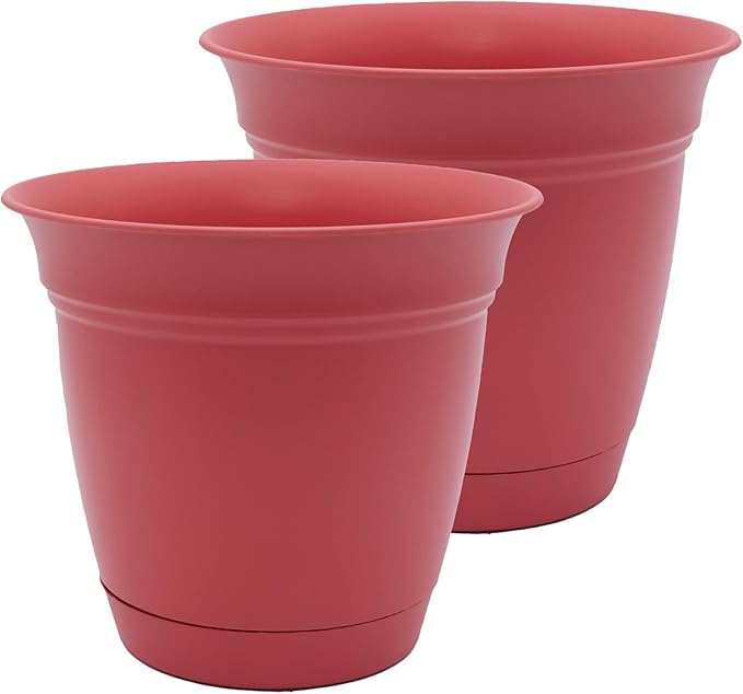 The HC Companies 10 Inch Eclipse Round Planter Pots with Drainage Holes & Attached Saucer, Lightweight UV-Resistant Plastic Indoor & Outdoor Planters, 2-Pack Flower Pots for Garden & Home Decor, Rose
