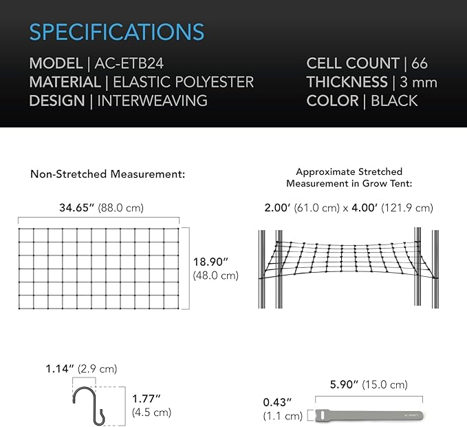 AC Infinity Grow Tent Trellis Netting 2x4', Heavy-Duty Elastic Plant Net with Steel Hooks, Flexible Hydroponics Support for Grow Tents, Gardening, and Horticulture