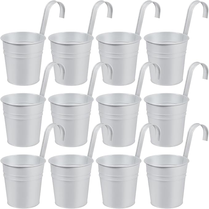 OBTANIM 12 Pack Metal Hanging Flower Pots Railing Planter Outdoor Fence Hanging Bucket Plant Holder with Detachable Hooks Drain Holes for Home Garden Yard Decor (White, 4 x 4 Inch)
