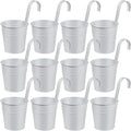 OBTANIM 12 Pack Metal Hanging Flower Pots Railing Planter Outdoor Fence Hanging Bucket Plant Holder with Detachable Hooks Drain Holes for Home Garden Yard Decor (White, 4 x 4 Inch)