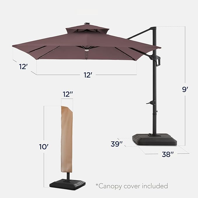 Best Choice Products 12x12ft LED Cantilever Patio Umbrella w/Base Included & 360° Rotation, Large Solar Offset Hanging Outdoor Sun Shade for Deck, Backyard Table w/Stand & Lights – Deep Taupe