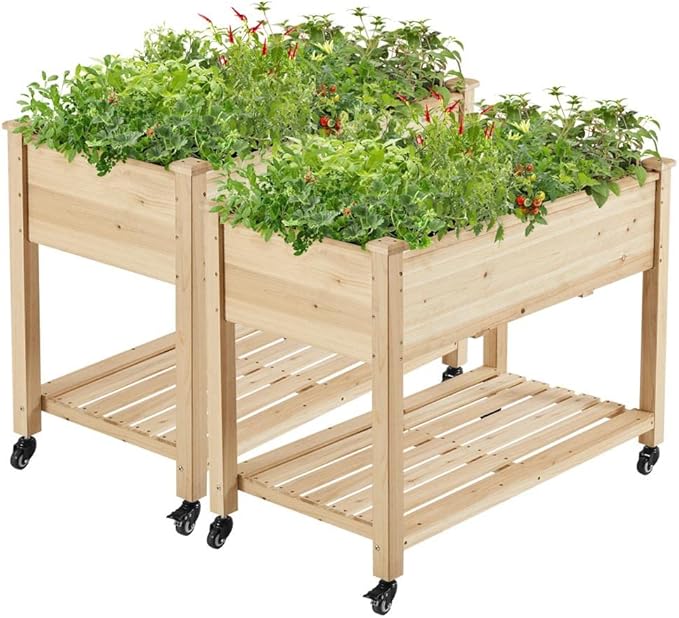 Yaheetech 42x23x33in Wooden Raised Garden Bed with Wheels Horticulture Flower Planter Boxes Elevated Vegetables Growing Bed for Grow Herbs and Vegetables, 2 PCS