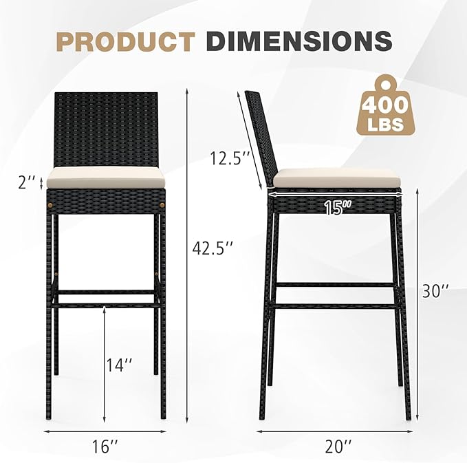 HAPPYGRILL Wicker Patio Barstools Set of 2, Outdoor Rattan Bar Chairs with Footrest & Backrest, Armless High Top Chairs with Seat Cushions for Backyard, Balcony