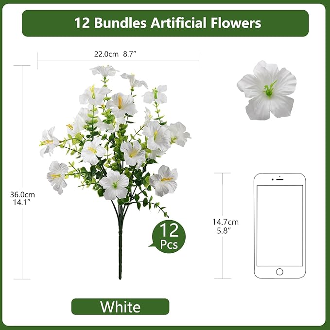 INQCMY Artificial Fake Petunias Flowers for Outdoors Spring Decoration, 12 Bundles Faux Flower Plants UV Resistant White Realistic Silk Flower for Outside Planters Patio Porch Yard Window Box