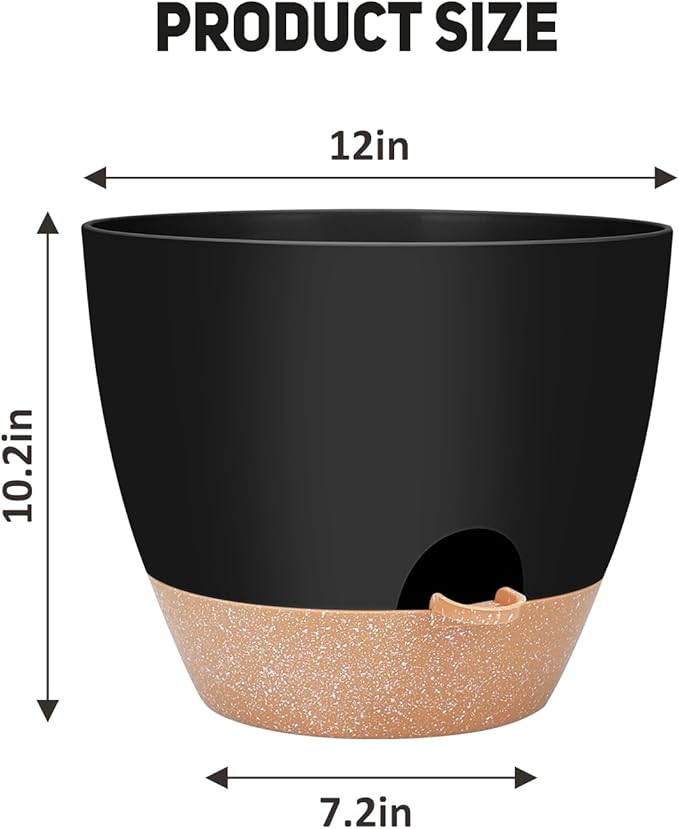 12 inch Large Self Watering Plant Pots, Flower Pots Planters with Multi Mesh Drainage Holes for Indoor Outdoor Garden Plants and Flowers.（Black）