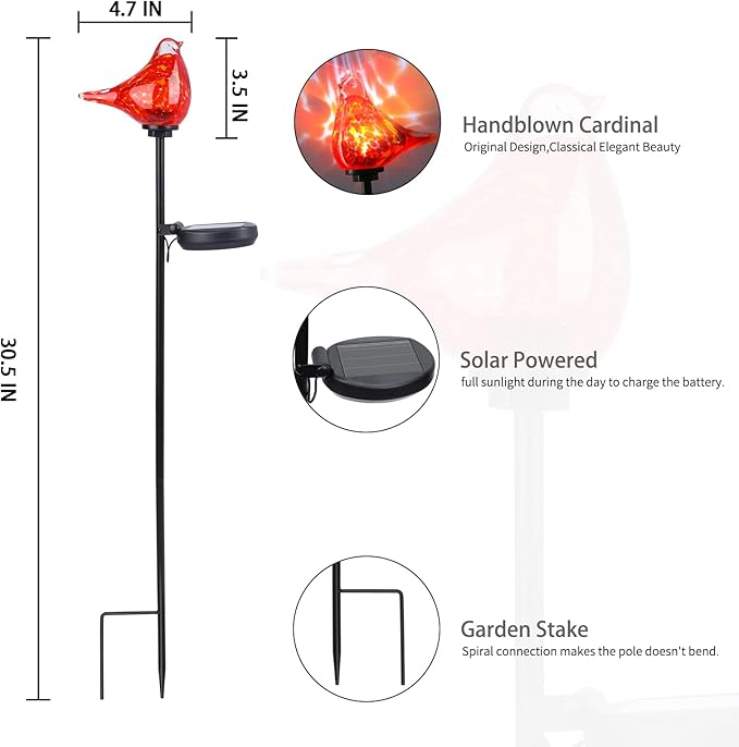 Bshine Solar Garden Decoration Outdoor Red Bird Lights, 2PCS Hand Blown Glass Waterproof Solar Light Stake Decorate Paths, Pathways, Lawns and Yards Art for Mom