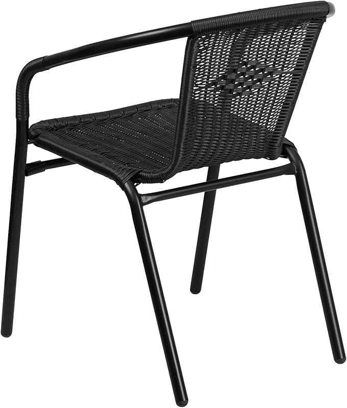 Flash Furniture Lila 28'' Round Glass Metal Table with Black Rattan Edging and 2 Black Rattan Stack Chairs