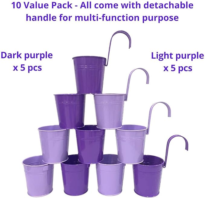 LaLaGreen Hanging Planter Outdoor - 10 Pack, 4 Inch Fence Planters Outdoor Purple Hanging Window Flower Bucket Metal Succulent Pots Balcony Railing Wall Garden Deck Porch Herb Plant Macetas Exterior