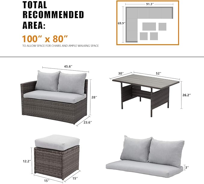 Wisteria Lane 7 Piece Patio Furniture Set, Wicker Patio Sectional with Wide Armrest, All Weather Outdoor Dining Set, Outdoor Furniture Patio Conversation Set with Ottoman, Light Grey