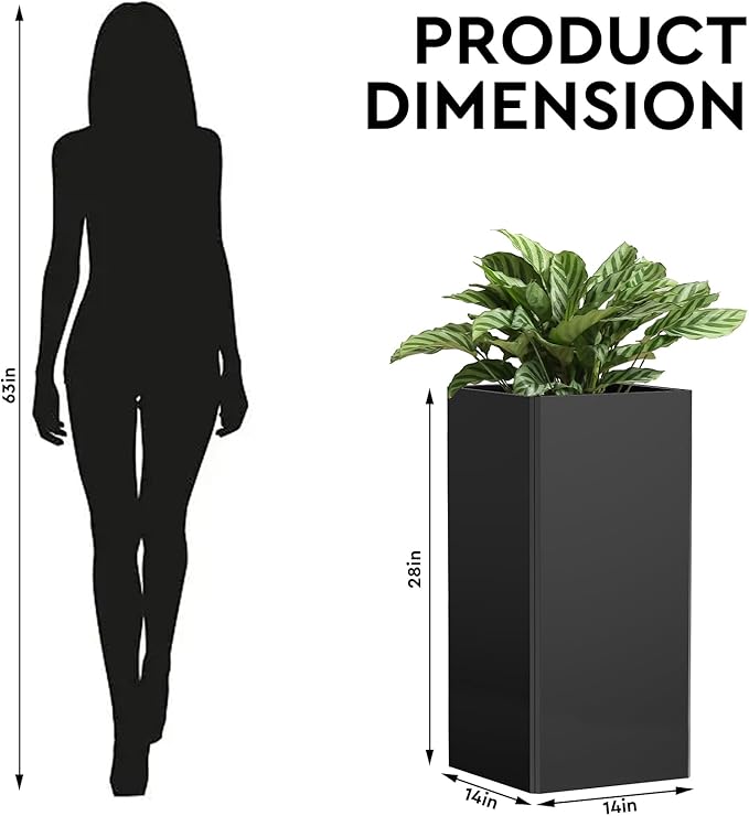 Tall Black Planter 28" Metal Square Large Plant Pots for Indoor Outdoor-Modern Tall Flower Pots for Porch, Patio, Deck, Commercial & Residential(14" Lx14 Wx 28" H)