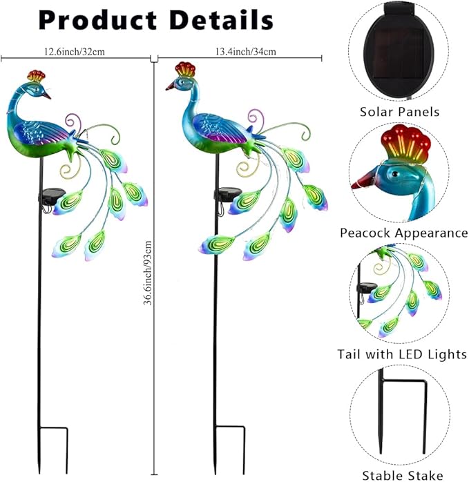 DREAMSOUL 2 Pack Metal Peacock Solar Lights Outdoor Waterproof LED Solar Lights, Decorative Garden Stakes for Yard Pathway Peacock Decor
