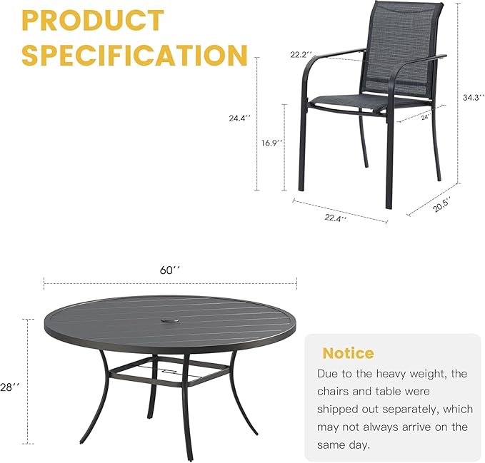 VICLLAX Large Patio Dining Furniture Set, Outdoor Dining Set for 10-60" Round Outdoor Table and Patio Stackable Chairs, Black Tabletop and Grey Fabric
