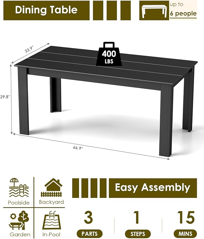 GREENVINES Outdoor Dining Table | 67’’ | HDPE | Rectangle Tables for 6 | All-Weather | Umbrella Hole | Patio Furniture | for Poolside Backyard Garden | Black