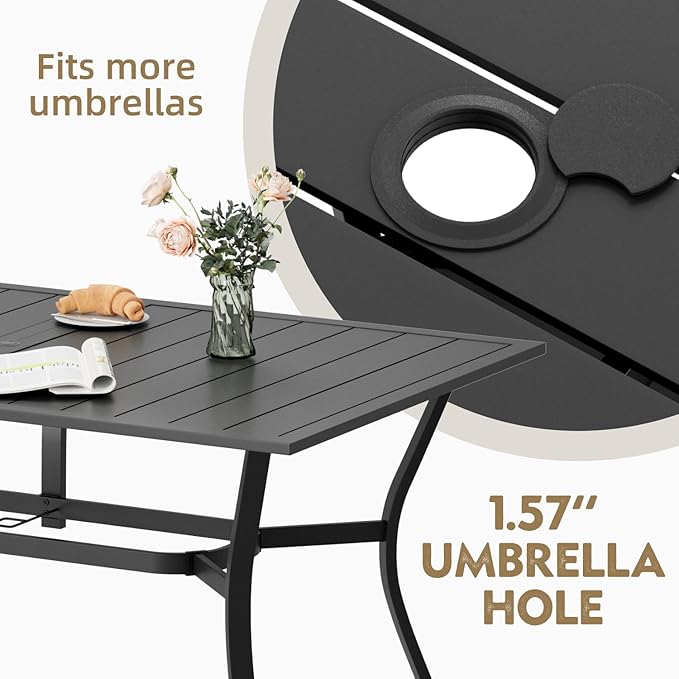 MELLCOM 63''x38'' Outdoor Dining Table for 6, E-Coating Metal Patio Dining Table with 1.57'' Umbrella Hole, All-Weather Black Rectangular Table for Porch, Garden, Backyard, Poolside, Lawn