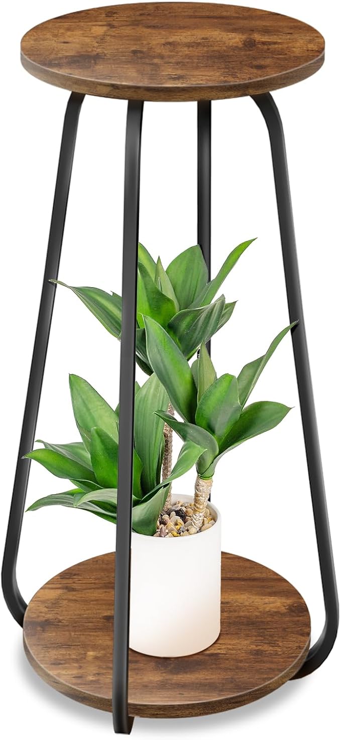 Plant Stand Indoor, 2 Tier Plant Shelf Pedestal Stand Flower Stand, Metal Wood Plant Stands for Indoor Plants Living Room Balcony Deck Garden