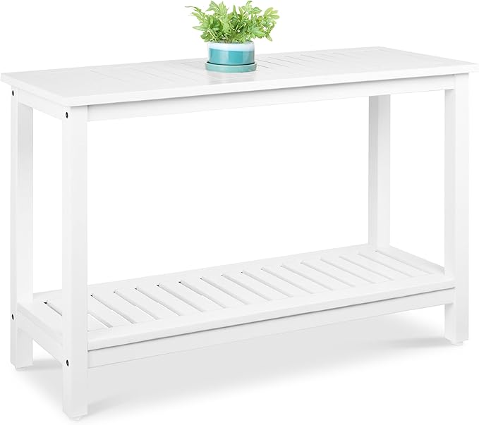 Best Choice Products 48in 2-Shelf Eucalyptus Wooden Console Table Indoor Outdoor Multifunctional Buffet Bar Storage Organizer w/Foot Sliders - White