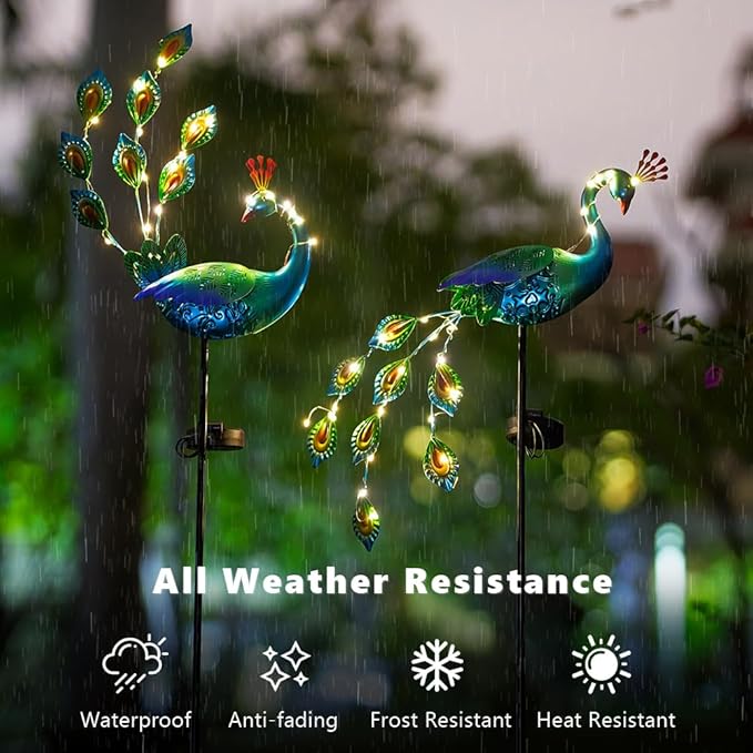 DREAMSOUL Peacock Solar Lights Outdoor 2 Pack, Waterproof Outdoor Solar Lights for Yard Pathway Peacock Garden Decor