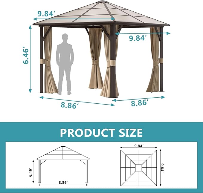 Aoxun 10FT x 10FT Gazebo Single Polycarbonate Top, Outdoor Polycarbonate Frame Permanent Gazebo with Curtains and Netting, for Patios, Parties, Backyards, Gardens and Lawns